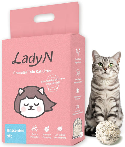 Lady N Tofu Cat Litter, Low Dust Compatible with Auto-Box Unscented 9Lb | Mini-Pellet Shape, Strong Clumping, Ultra Absorbent, Activated Charcoal Odor Control1