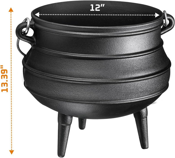 12 Quart Cast Iron Dutch Oven Cauldron Pot - Camping Cookware with Lid - Pre-Seasoned Heavy-Duty Potjie for Stews, Soups, Braising, and Frying over Fire Pit Grill or Camp Stove - Black4