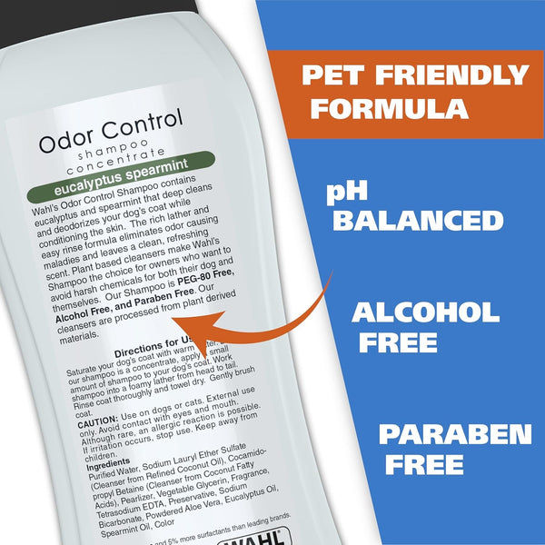 Wahl USA Odor Control Shampoo for Dogs & Pets - Eucalyptus & Spearmint Animal Deodorizer for Cleaning & Freshening – 24 Oz - Model 820003A3