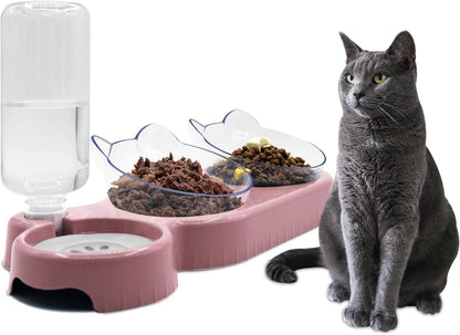 Triple Cat Bowls,15°Tilt 3-In-1 Water Feeder Bowls Cat Double Food Bowls with Automatic Water Bottle Bowl, Whisker Friendly Wet and Dry Cat Elevated Feeding Dishes for Small Cat and Puppy (Pink)1