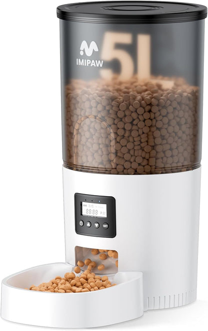 IMIPAW Automatic Cat Feeders, Timed Cat Dry Food Dispenser with Desiccant Bag, Dual Power Supply, Programmable Portion Size, 6 Meals, 20 Portions per Day, Auto Pet Feeder for Cats and Small Dog, White12