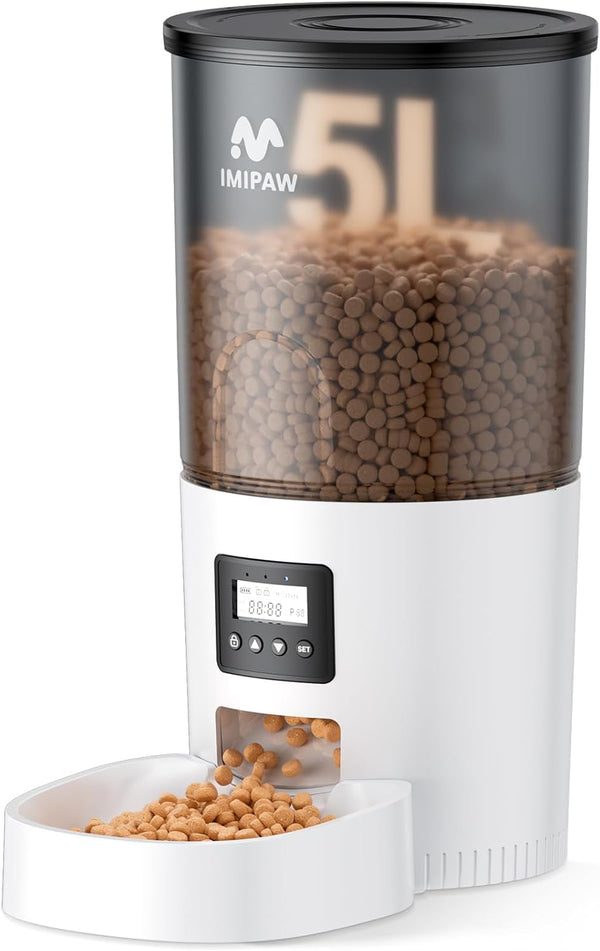 IMIPAW Automatic Cat Feeders, Timed Cat Dry Food Dispenser with Desiccant Bag, Dual Power Supply, Programmable Portion Size, 6 Meals, 20 Portions per Day, Auto Pet Feeder for Cats and Small Dog, White12