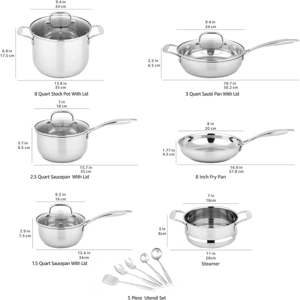 Stainless Steel Cookware 15-Piece Set, Oven Safe, Induction-Ready, Even Heating, Easy to Clean, Stay-Cool Handles, Pots and Pans, Silver7