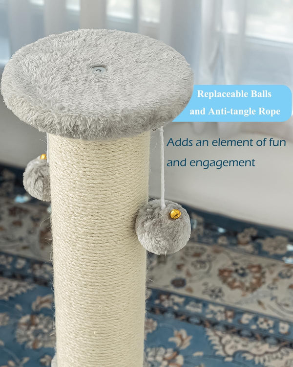 34Inch Tall Cat Scratching Post for Indoor Cats Adults | 4.3Inch Diameter Large Cat Scratch Post, Sturdy and Durable Cat Scratcher with Dangling Balls, Natural Sisal, Grey4