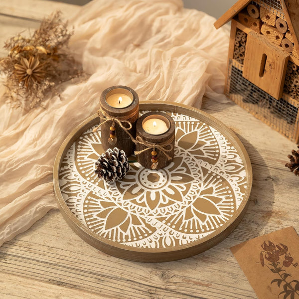 round Boho Decorative Tray for Coffee Table, Vintage Mandala Pattern | 11.8" Mid-Century Modern Farmhouse Decor for Living Room Kitchen Dining Table Centerpieces2