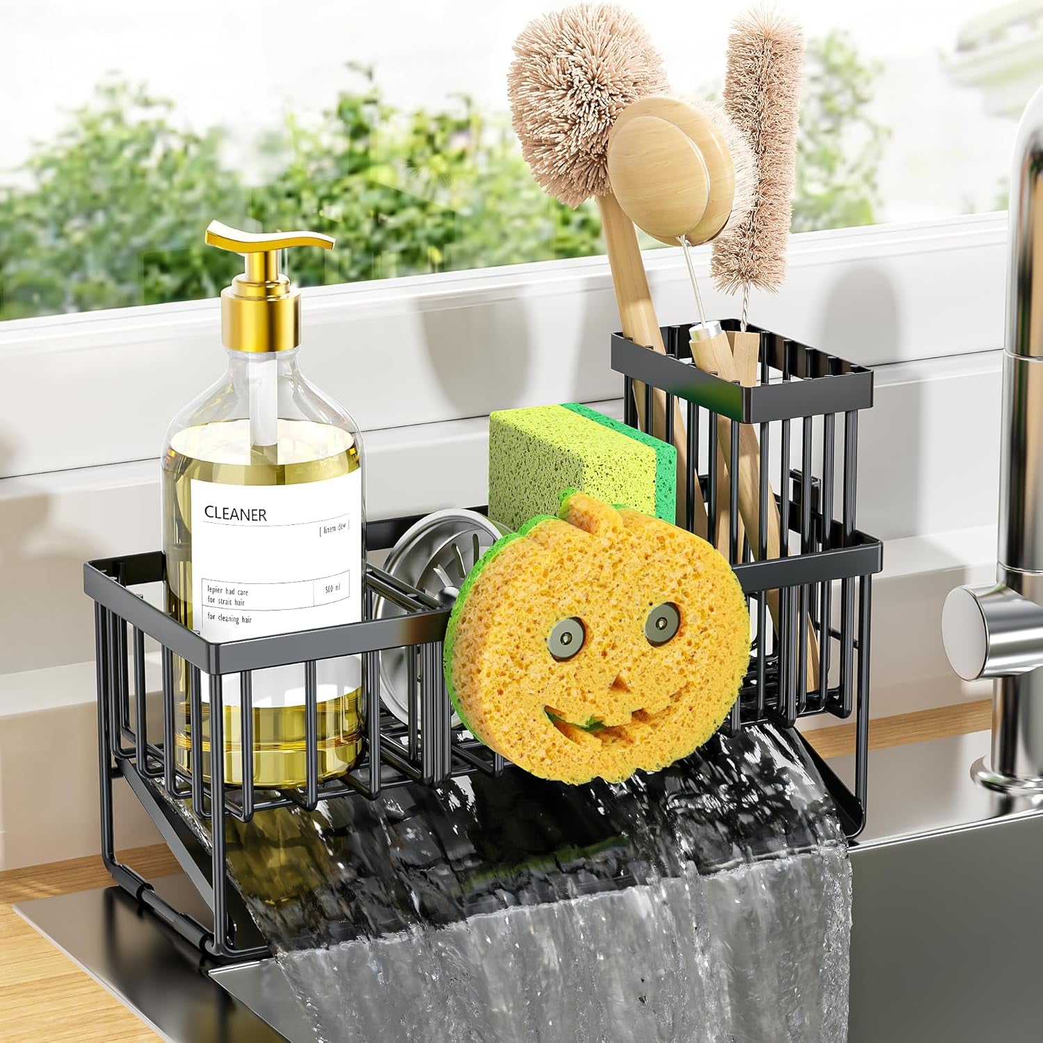 kitchen-sink-caddy-organzier-with-high-brush-holder-sponge-holder-for-sink-304-rustproof-stainless-kitchen-countertop-soap-dispenser-organizer-black-with-smiley-face-holder-9-25