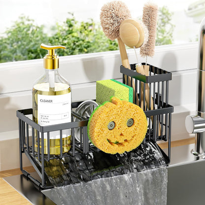 Kitchen Sink Caddy Organzier with High Brush Holder, Sponge Holder for Sink, 304 Rustproof Stainless, Kitchen Countertop Soap Dispenser Organizer (Black with Smiley Face Holder, 9.25″)1