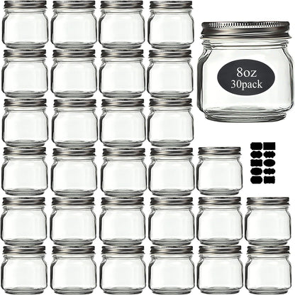 Mason Jars 8 Oz 30 Pack Small Glass Caning Jars with Silver Lids | 1/4 Quart Canning Jars Regular Mouth with 20 Labels,1 Pen.For Food Storage,Meal Prep,Jelly,Jam,Honey,Pickles,Spice Glass Jars1