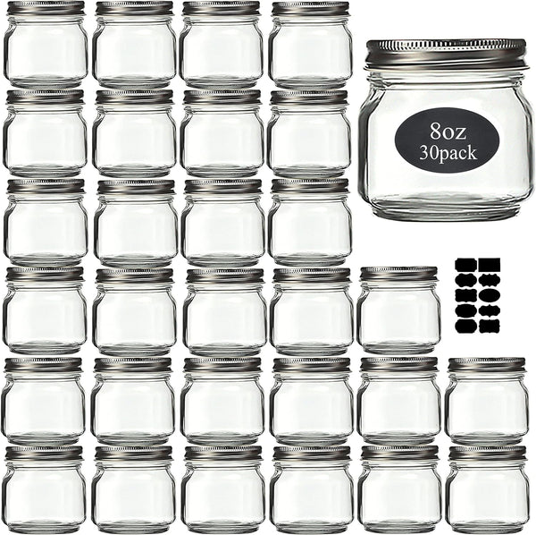 Mason Jars 8 Oz 30 Pack Small Glass Caning Jars with Silver Lids | 1/4 Quart Canning Jars Regular Mouth with 20 Labels,1 Pen.For Food Storage,Meal Prep,Jelly,Jam,Honey,Pickles,Spice Glass Jars1