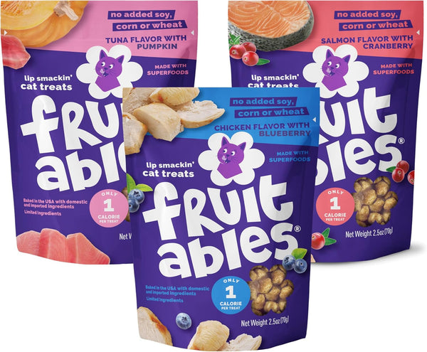 Fruitables Cat Treats - Crunchy - Salmon, Tuna, Chicken - 2.5 Oz (3 Pk) | Low Calorie, Crunchy Training Biscuits with Pumpkin Superfoods - Wheat Corn, Soy Free - USA Made1