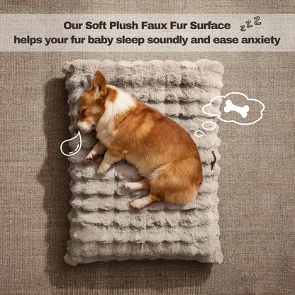 WDCOZY Fluffy Dog Crate Beds for Large Dog, Plush Faux Fur Kennel Pad with Removal Washable Cover, Soft Pet Mat for Sleeping & Ease Anxiety, Anti-Slip Bottom for Pet up to 90 Lbs, 41"X27", Beige3