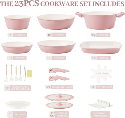 23Pcs Ceramic Cookware Set Non Stick Pots and Pans Set Non Toxic with Detachable Handle Induction Kitchen Cookware Set Space Saving, Oven & Dishwasher Safe, Light Pink2