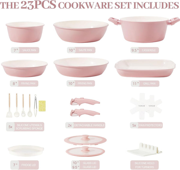 23Pcs Ceramic Cookware Set Non Stick Pots and Pans Set Non Toxic with Detachable Handle Induction Kitchen Cookware Set Space Saving, Oven & Dishwasher Safe, Light Pink2