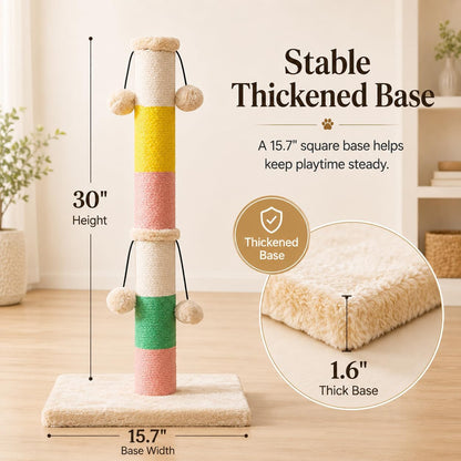 30 Inch High Cat Scratching Post with 4 Plush Teasing Toy Balls, Natural Sisal Rope Post and Thickened Base, Red Green Yellow White5