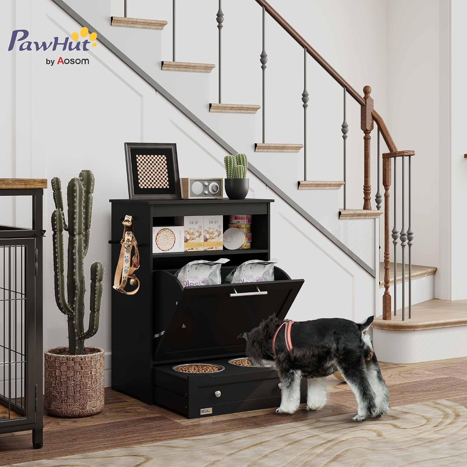 pawhut-dog-feeding-station-with-raised-bowls-pet-feeder-station-black-dog-food-storage-cabinet-hanger-for-feeding-watering-supplies