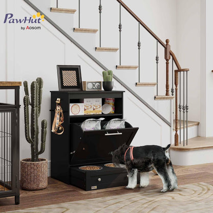 Pawhut Dog Feeding Station with Raised Bowls, Pet Feeder Station, Black | Dog Food Storage Cabinet, Hanger for Feeding & Watering Supplies2