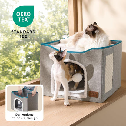 Bedsure Cat House Bed for Indoor Cats with Fluffy Ball and Scratch Pad,Grey | 16.5X16.5X13 In,Large Cat Cave for Multiple Pets,Foldable Cat Hideway Cube for Sleeping Kitten3