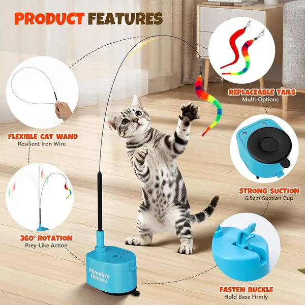 Interactive Cat Toys for Indoor Cats, 360° Flying Automatic Cat Toy, Blue | Rechargeable, Strong Suction Base, Self-Play & Handheld, Electric Spin Game Enrichment Toy, Long Kitty Wand for Bored Cats6