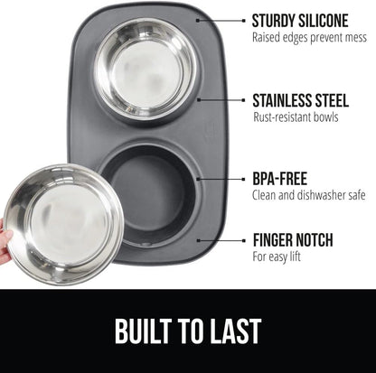 GORILLA GRIP Patented Dog Bowl Set with Slip Resistant Silicone Feeding Mat, Food Grade 304 Stainless Steel Bowls, BPA Free High Edge Spill Containment Dishwasher Safe, Finger Notch Removal 2 Cup Gray2