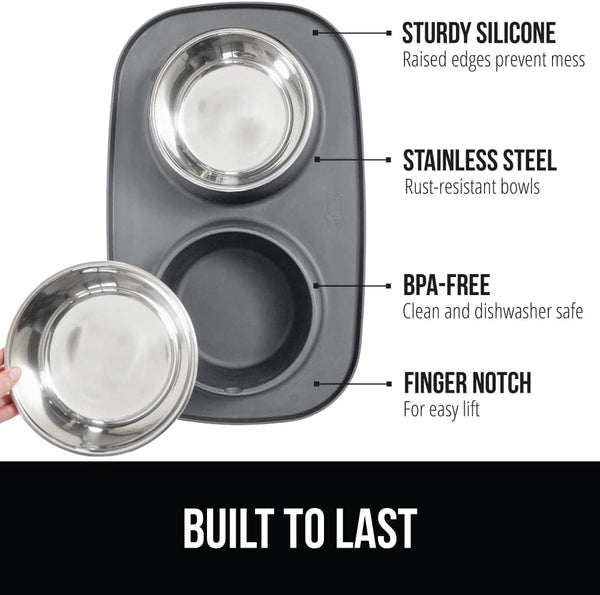 GORILLA GRIP Patented Dog Bowl Set with Slip Resistant Silicone Feeding Mat, Food Grade 304 Stainless Steel Bowls, BPA Free High Edge Spill Containment Dishwasher Safe, Finger Notch Removal 2 Cup Gray2