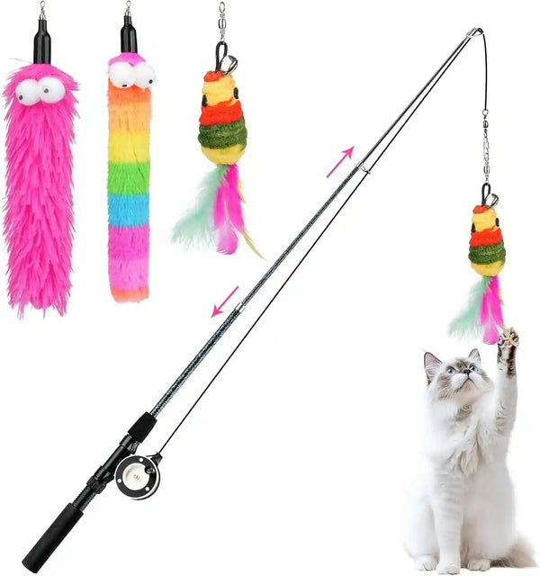 Pawaboo Cat Feather Toys, 4 Pack Interactive Cat Feather Teaser Wand Toys, Retractable Fishing Pole Wand Catcher Exerciser with Refill Fish, Dragonfly Worm with Bells, Fun Cat Kitten Kitty Playing Toy10