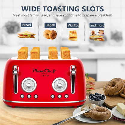 4‑Slice Extra‑Wide Long Slot Toaster, Removable Crumb Tray, Adjustable Browning Control, Bagel Defrost Reheat Function,Retro Red4