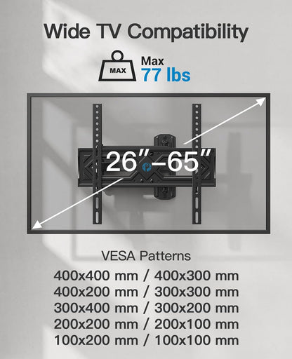 Full Motion TV Wall Mount for 26-65 Inch Flat Curved Tvs, Heavy Duty Single Articulating Arms, Corner TV Mount up to VESA 400X400Mm and 77Lbs, Support Swivel, Tilt, Level Adjustment2