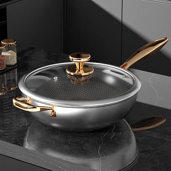 Wok Pan, Hybrid Nonstick Wok with Lid,Induction Non Stick Stainless Steel Large Deep Woks&Stir-Fry Pans,Stay-Cool Handle Skillets,Pfoa Free Cookware,With Lid,11.81In8