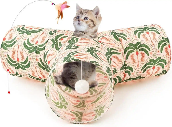 Tempcore Pet Cat Tunnel Tube Toys 3 Way Collapsible, Tunnels for Indoor Cats, Interactive Tube with Teaser Wand, Peek Holes & Hanging Ball, Black & Blue24