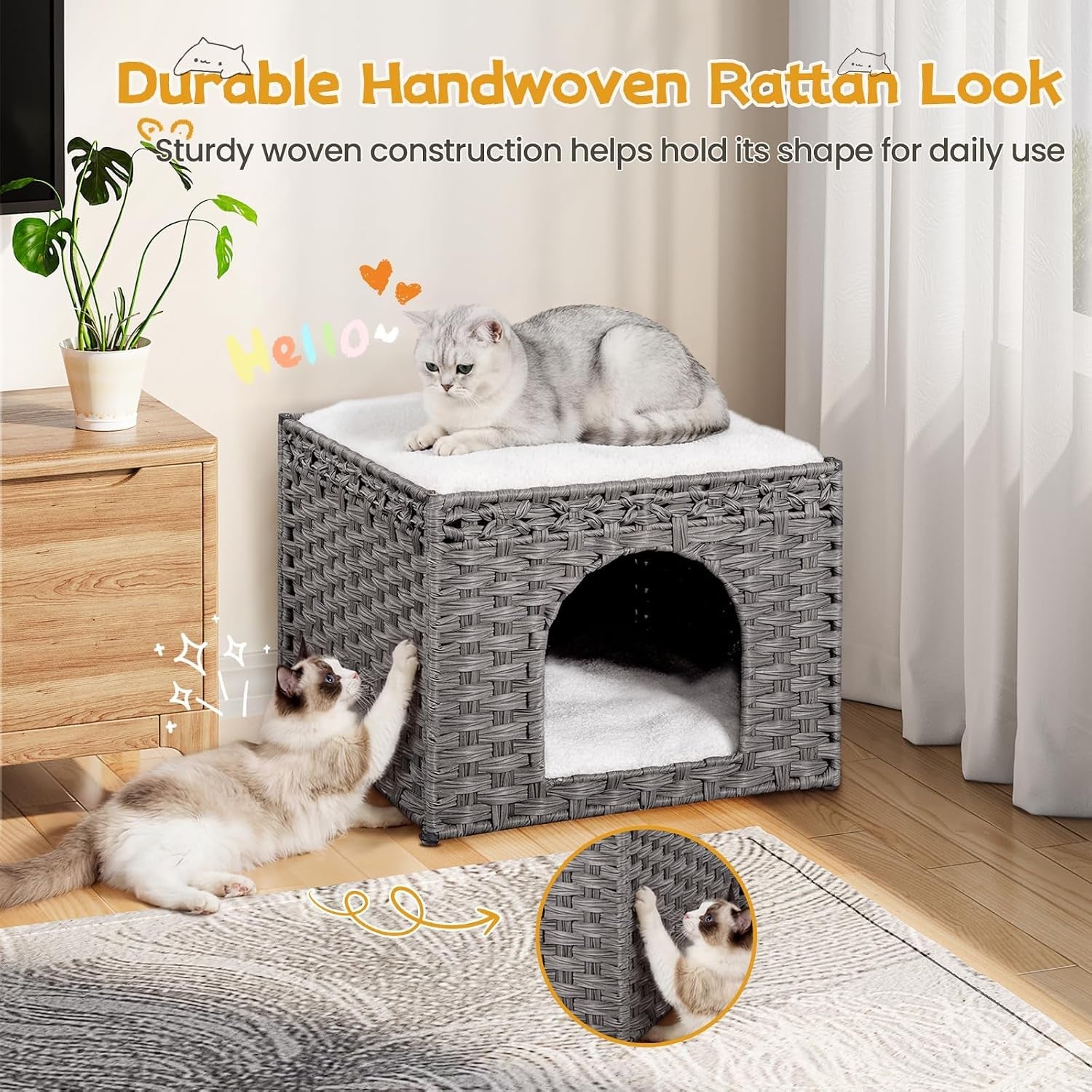 snughome-handwoven-rattan-cat-house-indoor-foldable-cat-bed-cave-with-2-removable-bed-mats-large-kitten-house-hideaway-pet-cube-16-54-x-16-54-x-12-6-inches-grey-for-living-room-bedroom