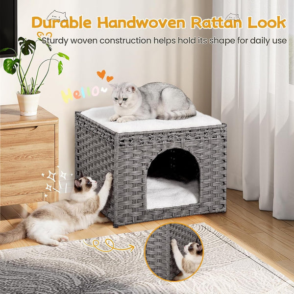 Snughome Handwoven Rattan Cat House - Indoor Foldable Cat Bed Cave with 2 Removable Bed Mats, Large Kitten House, Hideaway Pet Cube, 16.54 X 16.54 X 12.6 Inches, Grey, for Living Room & Bedroom2