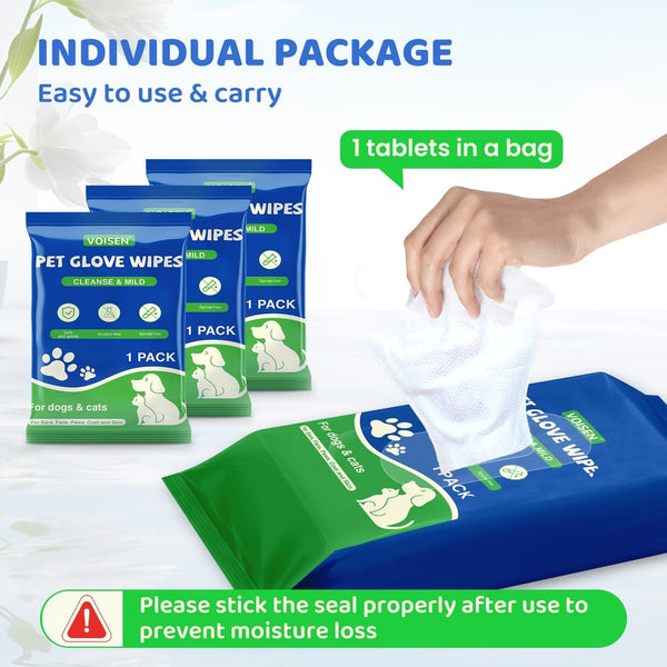 VOISEN 48 Pcs Pet Glove Wipes for Dogs, Pet Cleaning Gloves | Cleaning & Deodorizing Bathing Grooming Wipes,Unscented Thick Nourish Fur Glove Wipes for Pet Cleaning,Daily Care and Travel6