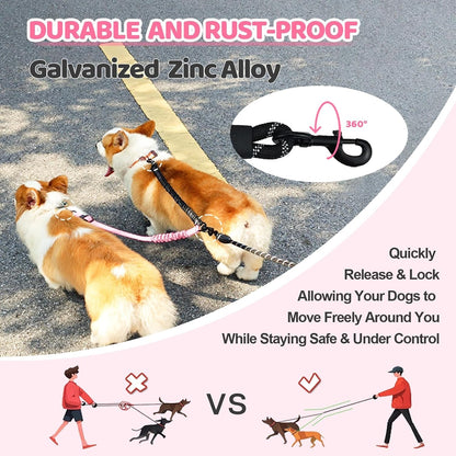 Double Dog Leash - 360°Swivel Tangle Free Splitter Attachment, 2 Dogs Multi-Functional Leashes, Dual Rope for Outdoor Walk Train Small Medium Large Two Pet, Pink4