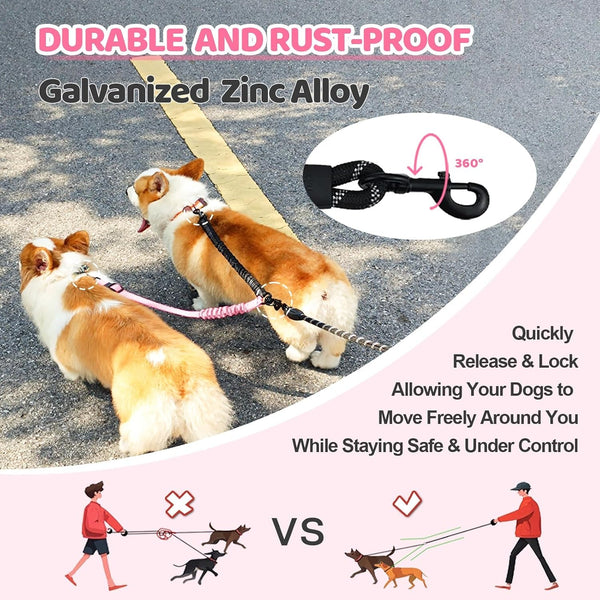 Double Dog Leash - 360°Swivel Tangle Free Splitter Attachment, 2 Dogs Multi-Functional Leashes, Dual Rope for Outdoor Walk Train Small Medium Large Two Pet, Pink4