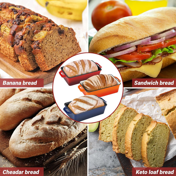 9X5 Inch Enameled Cast Iron Bread Loaf Pan with Lid, Perfect Sourdough Baking Pans | Even Heat Distribution for Homemade Bread, Cake, Meatloaf，2 Piece Set，Red5