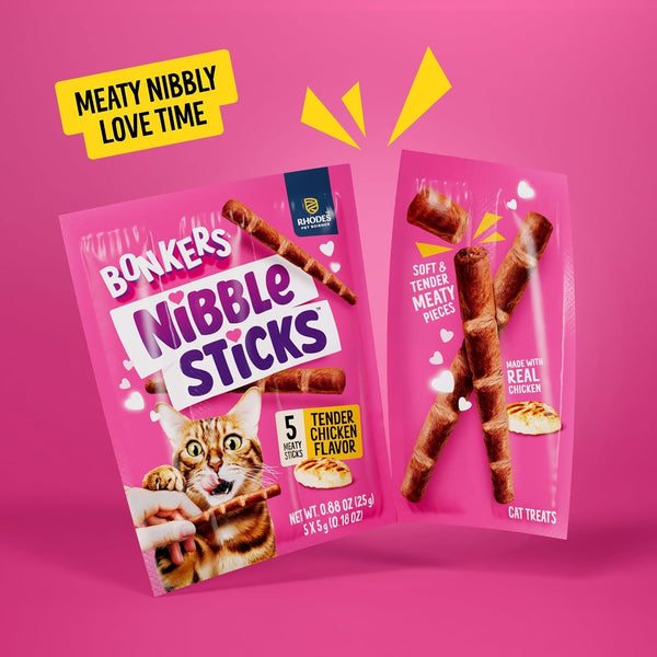 Bonkers Nibble Sticks Soft & Meaty Tender Chicken Flavor Cat Treats, 5 Sticks (Pack of 20)2