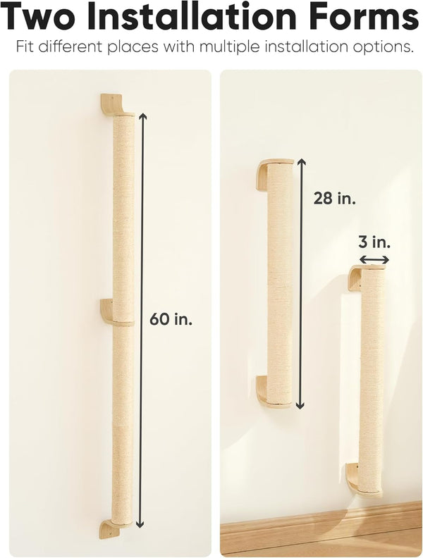 FUKUMARU Cat Wall Scratcher, 60" Tall Kitten Scratching Post | Natural Sisal Pole, Wall Mounted Climbing Tree for Indoor Large Cats4
