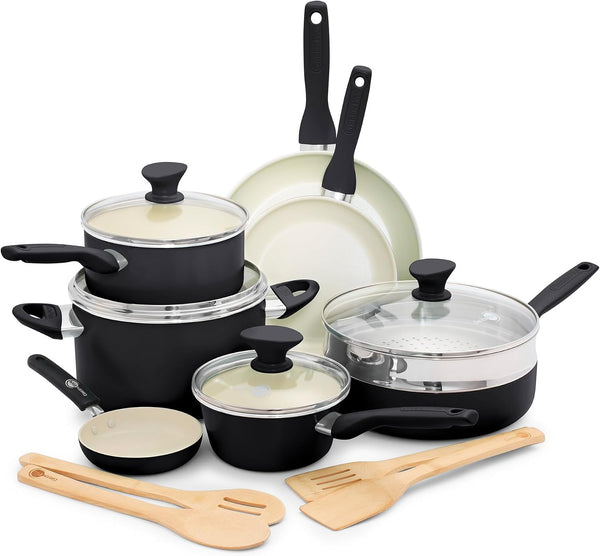 Rio 16 Piece Cookware Pots and Pans Set, Hard Anodized Healthy Ceramic Nonstick Pfas-Free, Bakelite Handles, Frypans, Saucepan, Saute Pan, Stock Pot, Kitchen Tools, Dishwasher Safe, Black1