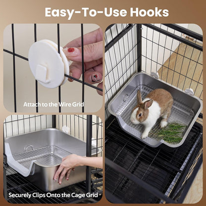 Rabbit Litter Box, Extra Large Bunny Litter Box with 304 Stainless Steel Sifting Grid, Safe Plastic-Covered Entry Edge & Hooks, Easy to Clean and Odor Control (15.7" × 11.8" × 5.9")6
