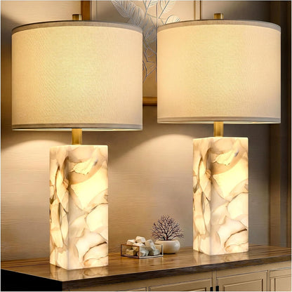 23" Alabaster Table Lamp Set of 2 with Night Light for Living Room | Rotary Switch Bedside Lamp with Linen Shade for Bedroom, Modern Nightstand Lamps for Room Office Dorm (Bulb Included)1