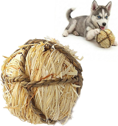 Dog Chew Toys, 3Pcs Woven Grass Chew Ball for Dogs, Dental Teething & Interactive Fetch Toys, Outdoor Digestible Chew Ball for Boredom Relief - Seaweed & Timothy Hay, Cornsilk, Cornleaf12