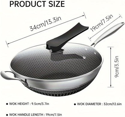 Wok Pan,Honeycomb Stainless Steel Wok Pan with Lid, 13.3 Inch Hybrid Nonstick Stir Fry Pan Flat Bottom, Induction Compatible, Dishwasher Safe, No Seasoning Needed (Serves 3-4)4