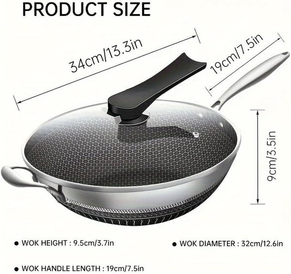 Wok Pan,Honeycomb Stainless Steel Wok Pan with Lid, 13.3 Inch Hybrid Nonstick Stir Fry Pan Flat Bottom, Induction Compatible, Dishwasher Safe, No Seasoning Needed (Serves 3-4)4