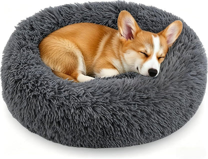 Calming Donut Dog and Cat Bed for Indoor Cats, Anti-Anxiety round Fluffy Soft Washable Small Pet Bed for Puppy and Kitten, Warming Comfortable Luxury Anti-Slip Waterproof Mute Base 20In Gray9