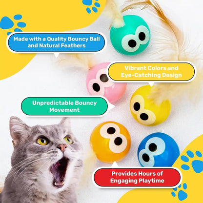 Bouncy Tails 5 Pack Interactive Bouncy Ball with Natural Feathers for Indoor Cats and Kittens Who Love to Play and Have Fun.3