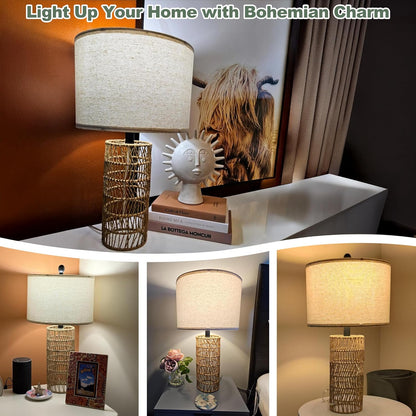 22.5" Boho Table Lamps Set of 2 for Living Room, Bedside Lamp for Nightstands, Rattan Lamp for Bedroom, Farmhouse Table Lamp for Room Decor, End Table, Retro, Brown（Not Include Bulbs）4