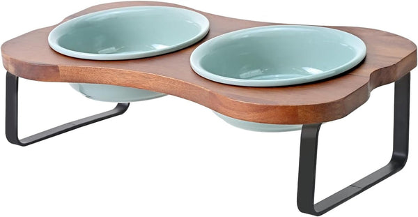 SPUNKYJUNKY Ceramic Elevated Tilted Dog Bowls Bone-Shaped Raised with 2 Height Iron Stand, 4.9'' Dog and Cat Food Water Bowls Set Non-Slip for Puppy Kitten Small Sized Breed - 7 Oz,Light Green10