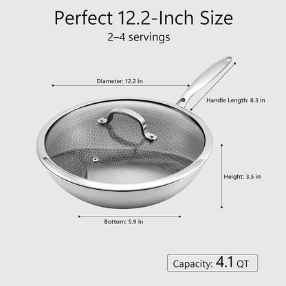 12.2" Tri-Ply Stainless Steel Wok with Glass Lid, Pro-Grade Honeycomb Hybrid Stir Fry Pan for Searing & Tossing, Uncoated Flat Bottom Chef Wok, Induction Compatible (31Cm)7