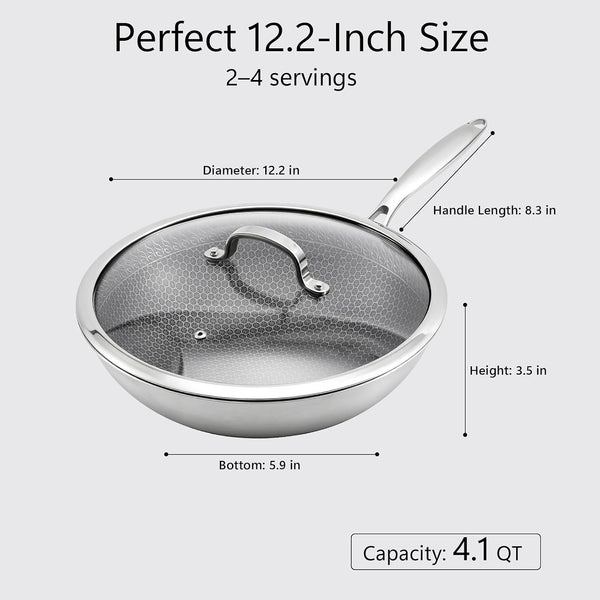 12.2" Tri-Ply Stainless Steel Wok with Glass Lid, Pro-Grade Honeycomb Hybrid Stir Fry Pan for Searing & Tossing, Uncoated Flat Bottom Chef Wok, Induction Compatible (31Cm)7
