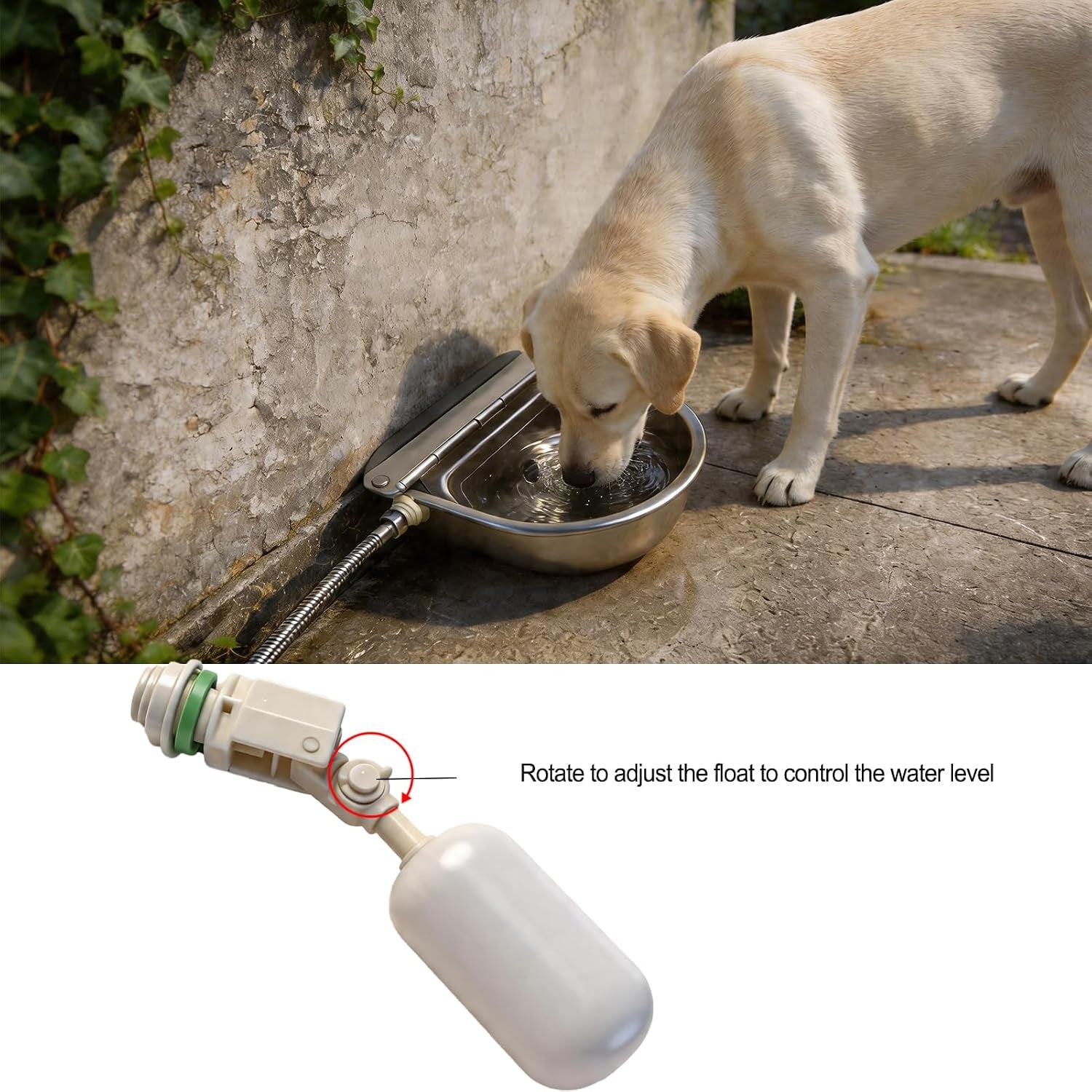 automatic-water-bowl-304-stainless-steel-pet-water-dispenser-dog-feeder-waterer-for-large-dogs-with-40-inch-steel-hose-2-float-valve-copper-connector-adapter-2-bolts-with-drainage-hole